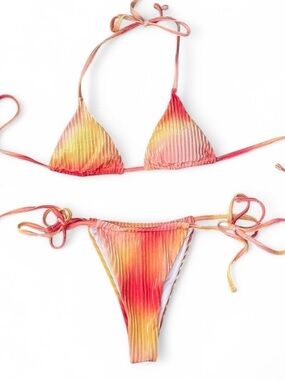 Tie String Ribbed Triangle Bikini in Coral Pink & Yellow Ombre felt